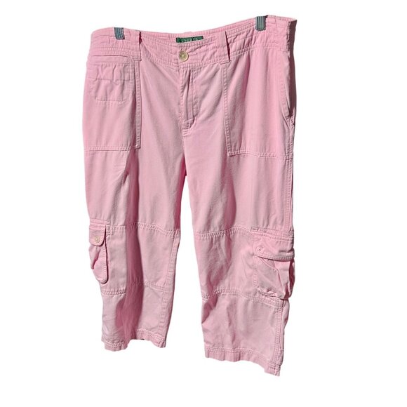 Lauren Pink Cargo Pants Womens Size 14 P Relaxed Fit Cotton Blend With Button De - Picture 1 of 10